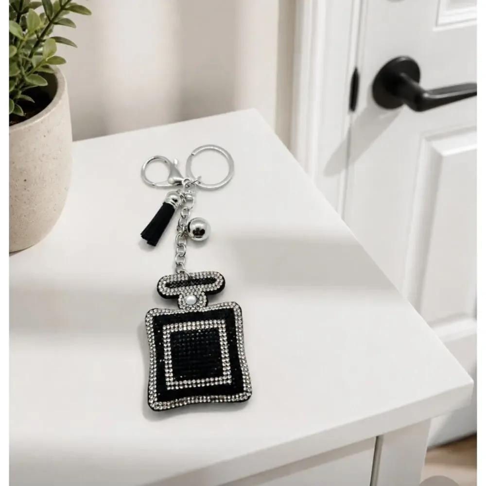 Rhinestone Black Prefume Bottle Bag Charm New